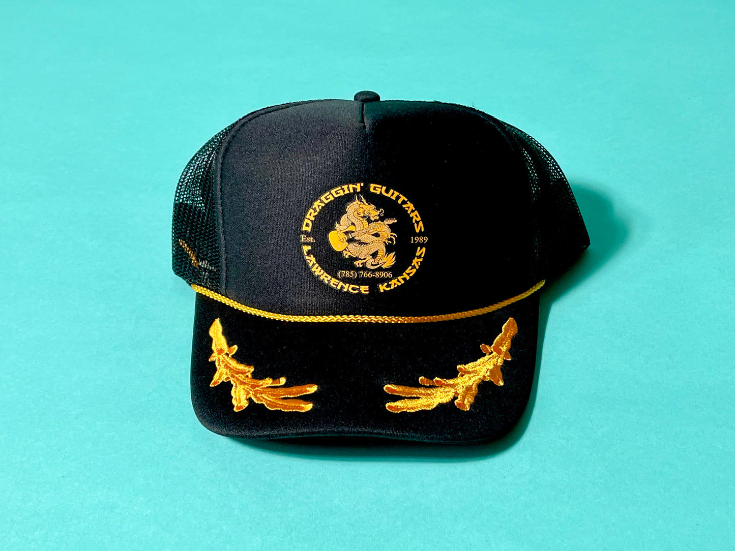 Draggin' Guitars Captain's Hat 1970's Gold/Black with Embroidered Gold leaves