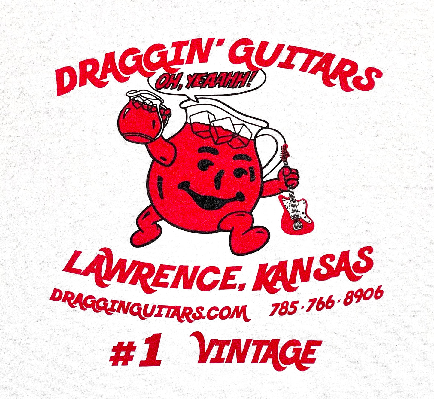 Draggin' Guitar "Drink Up" T-shirt White with Blue Ringer Red/Black ink