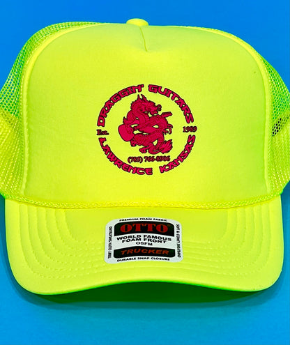 Draggin’Guitars Snap-Back Retro 1980’s Trucker Hat Neon Yellow with Hot Pink Print