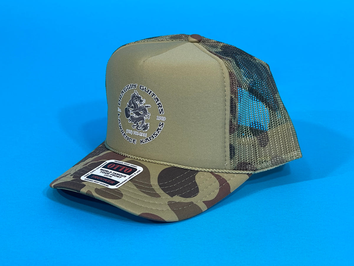 Draggin' Guitars Snap-Back Retro 1970's Trucker Hat Tan Camo Camp with Black & White Print