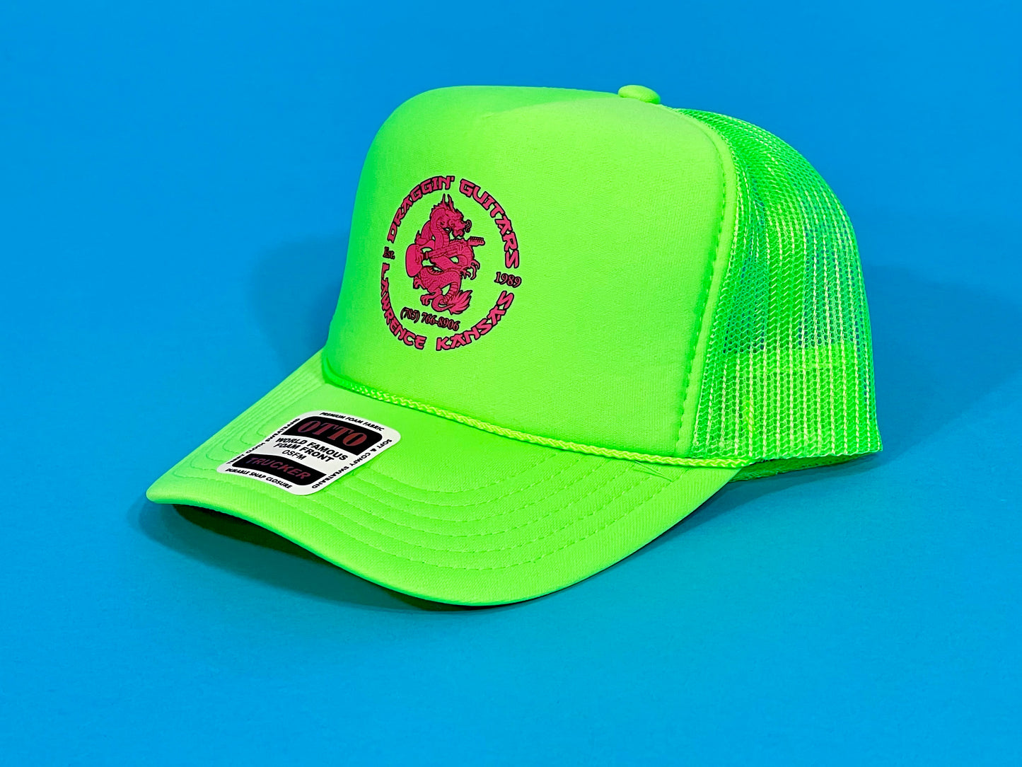 Draggin’Guitars Snap-Back Retro 1980’s Trucker Hat Neon Green with Hot Pink Print