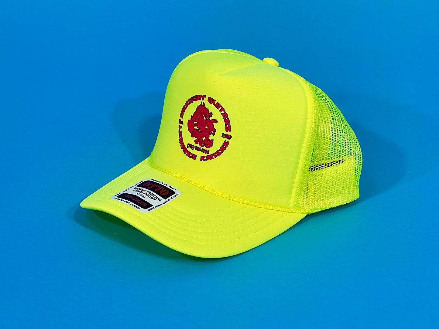 Draggin’Guitars Snap-Back Retro 1980’s Trucker Hat Neon Yellow with Hot Pink Print
