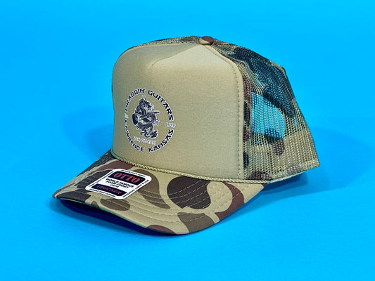 Draggin' Guitars Snap-Back Retro 1970's Trucker Hat Tan Camo Camp with Black & White Print
