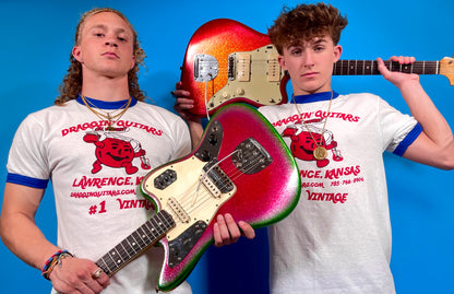 Draggin' Guitar "Drink Up" T-shirt White with Blue Ringer Red/Black ink
