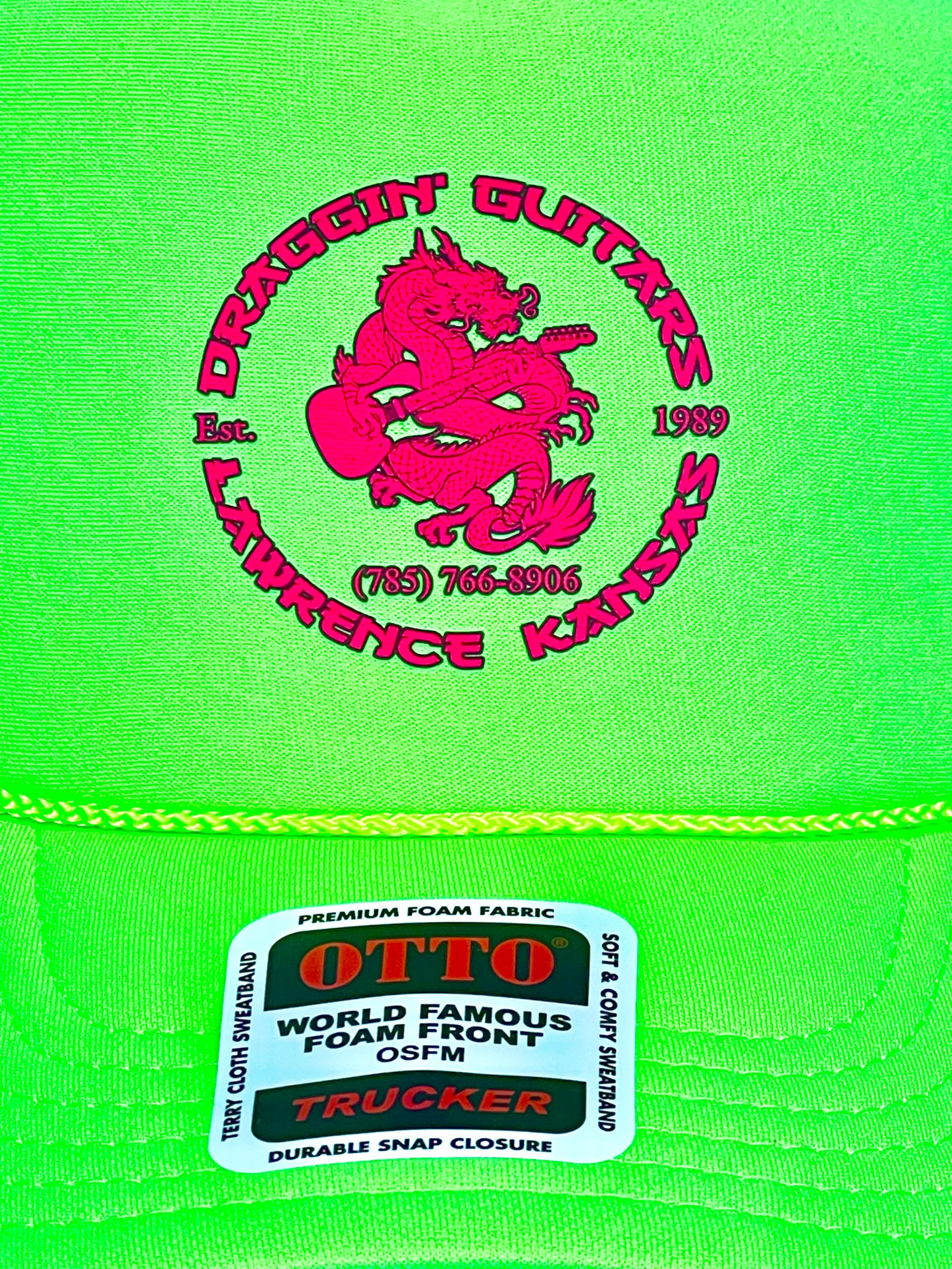 Draggin’Guitars Snap-Back Retro 1980’s Trucker Hat Neon Green with Hot Pink Print