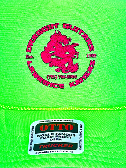Draggin’Guitars Snap-Back Retro 1980’s Trucker Hat Neon Green with Hot Pink Print
