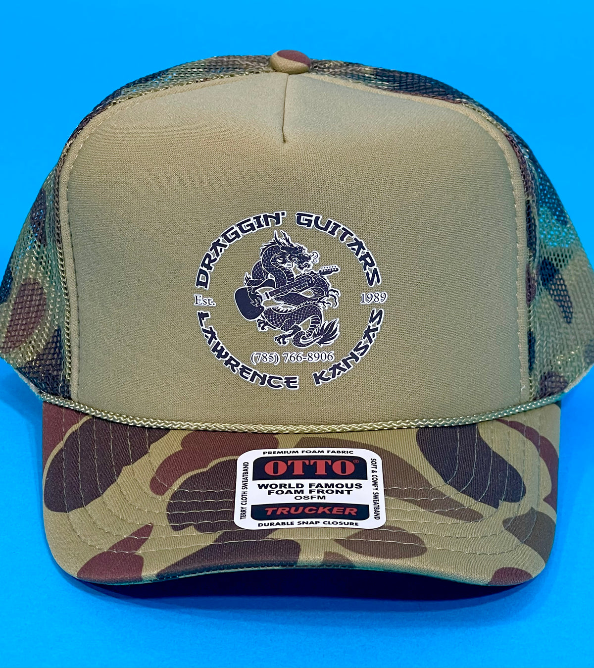 Draggin' Guitars Snap-Back Retro 1970's Trucker Hat Tan Camo Camp with Black & White Print