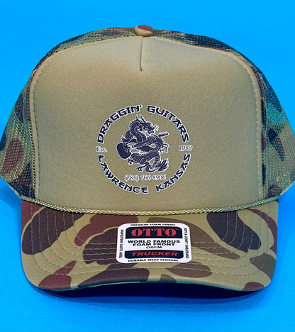 Draggin' Guitars Snap-Back Retro 1970's Trucker Hat Tan Camo Camp with Black & White Print
