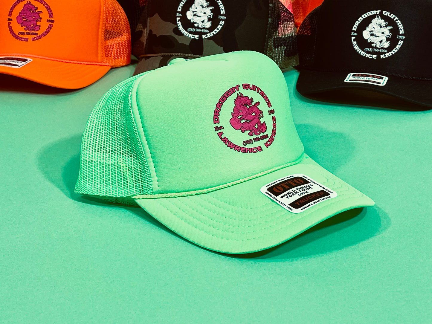 Draggin’Guitars Snap-Back Retro 1980’s Trucker Hat Neon Green with Hot Pink Print