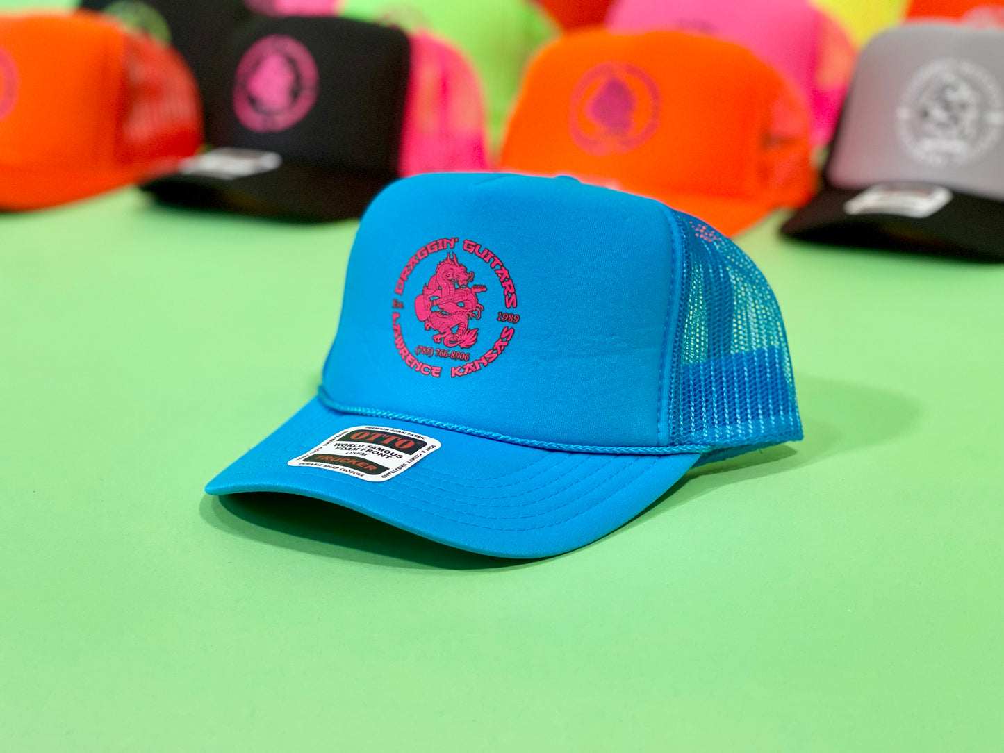 Draggin' Guitars Snap-Back Retro 1970's Trucker Hat Neon Blue with Hot Pink Print