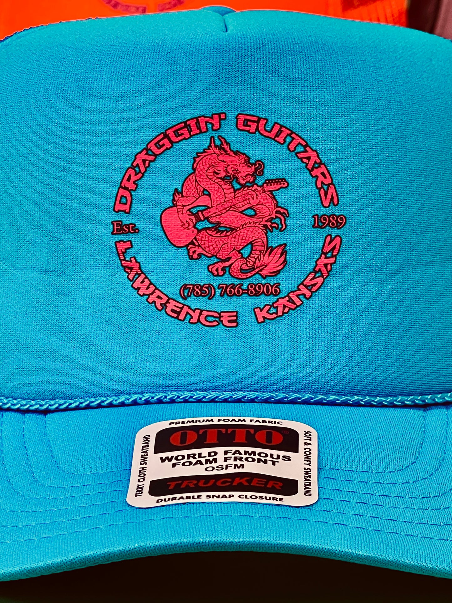 Draggin' Guitars Snap-Back Retro 1970's Trucker Hat Neon Blue with Hot Pink Print