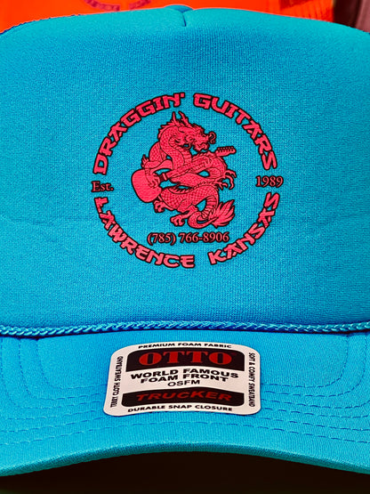 Draggin' Guitars Snap-Back Retro 1970's Trucker Hat Neon Blue with Hot Pink Print