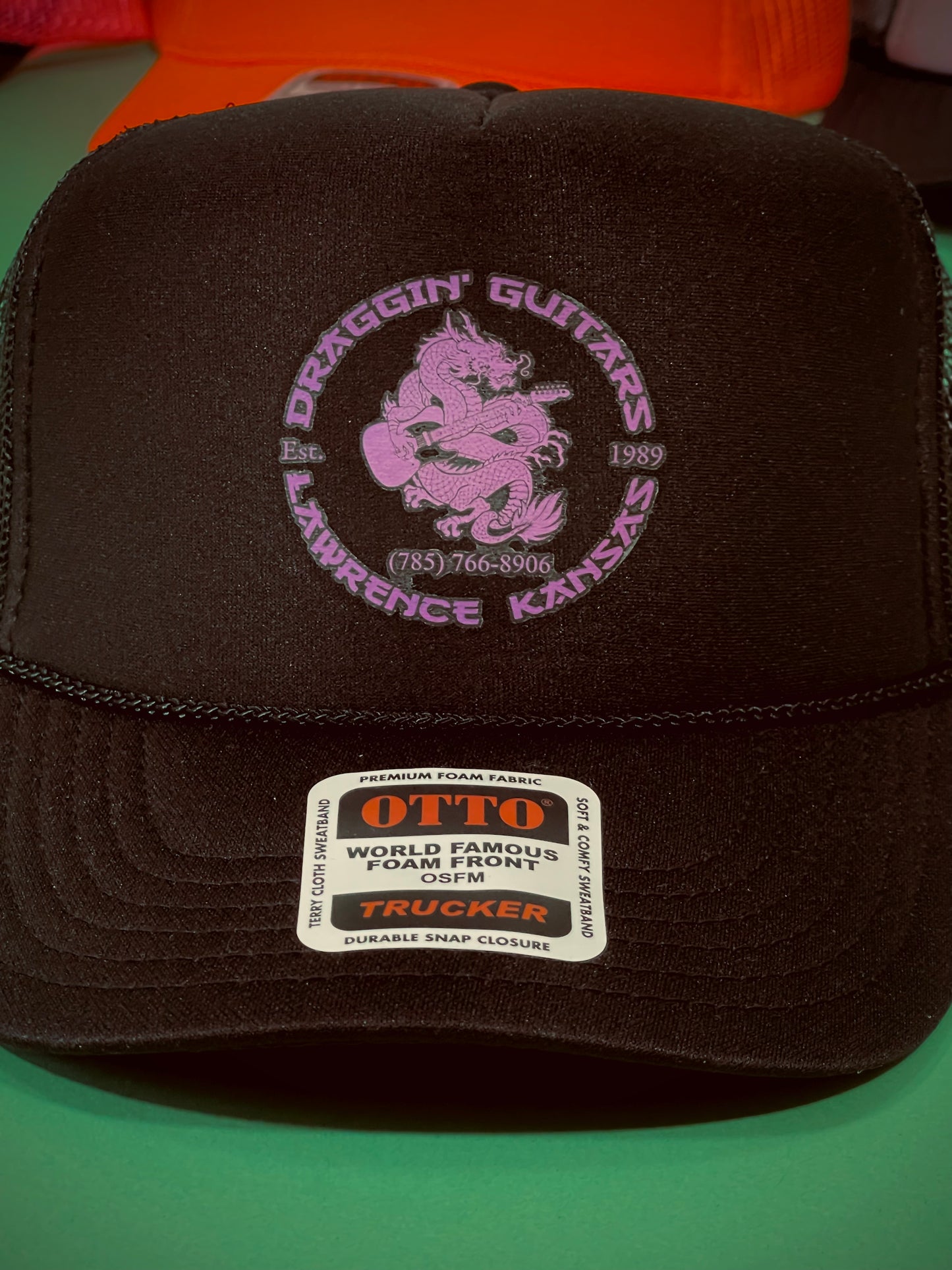 Draggin' Guitars Snap-Back Retro 1970's Trucker Hat Black with Purple Print