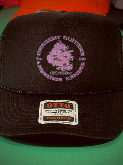 Draggin' Guitars Snap-Back Retro 1970's Trucker Hat Black with Purple Print