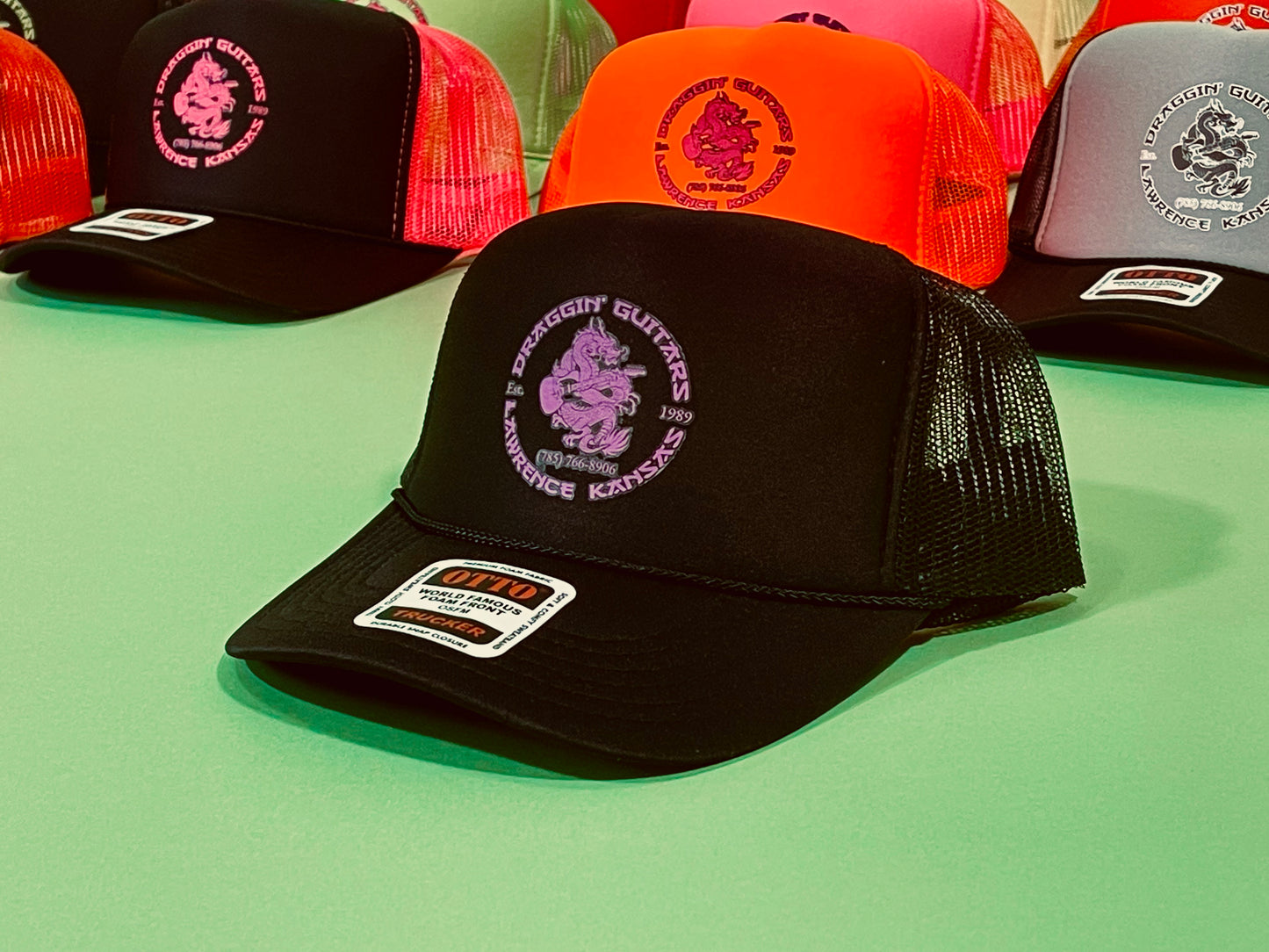 Draggin' Guitars Snap-Back Retro 1970's Trucker Hat Black with Purple Print