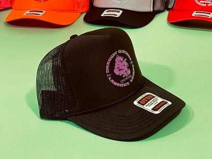 Draggin' Guitars Snap-Back Retro 1970's Trucker Hat Black with Purple Print
