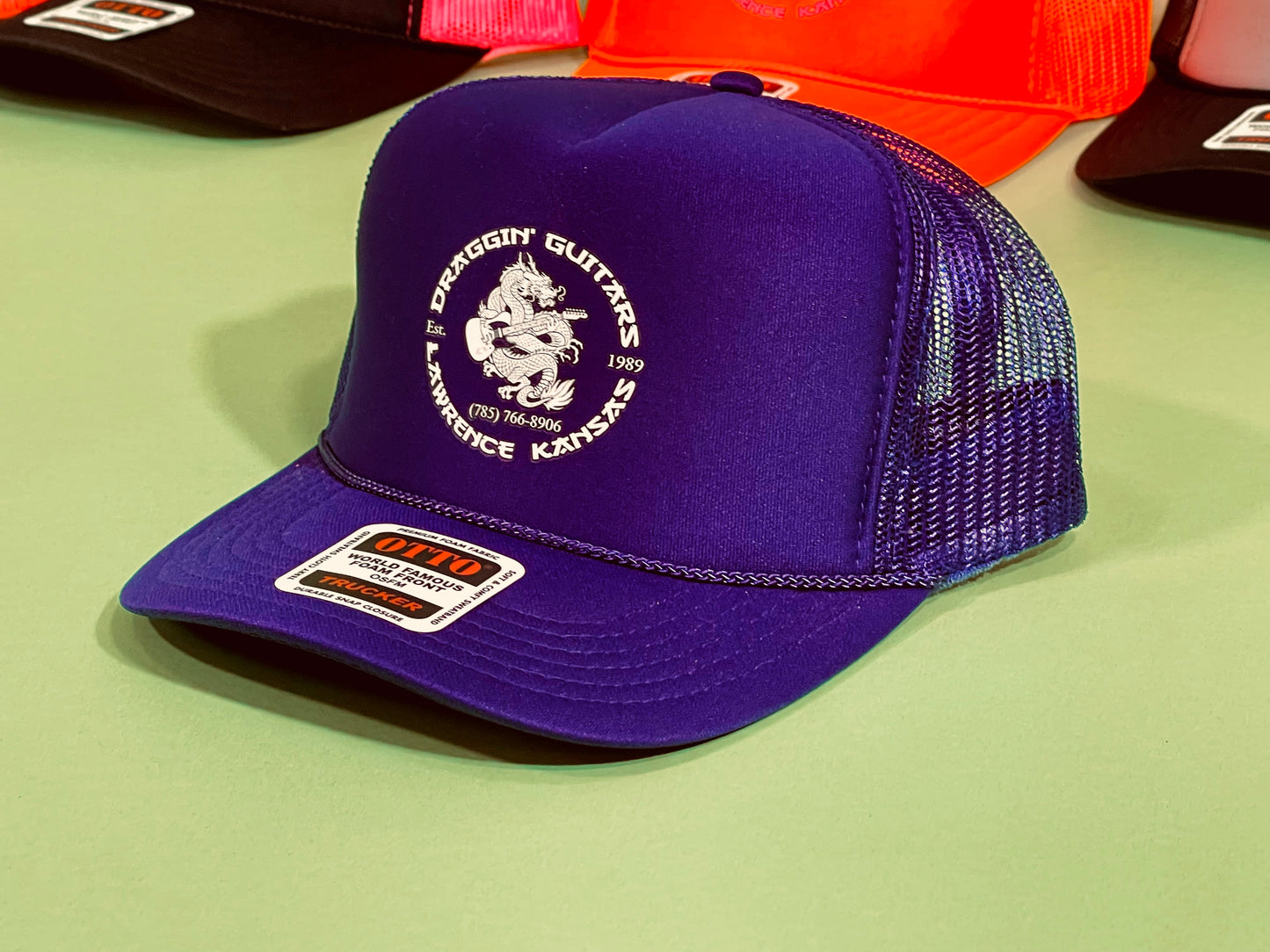 Draggin' Guitars Snap-Back Retro 1970's Trucker Hat Purple Haze with White Print