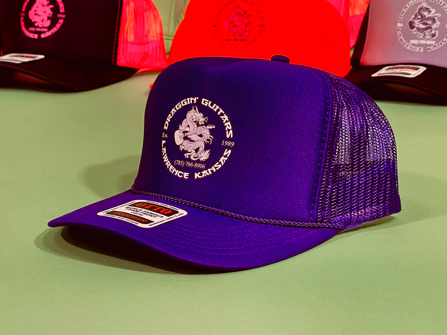 Draggin' Guitars Snap-Back Retro 1970's Trucker Hat Purple Haze with White Print