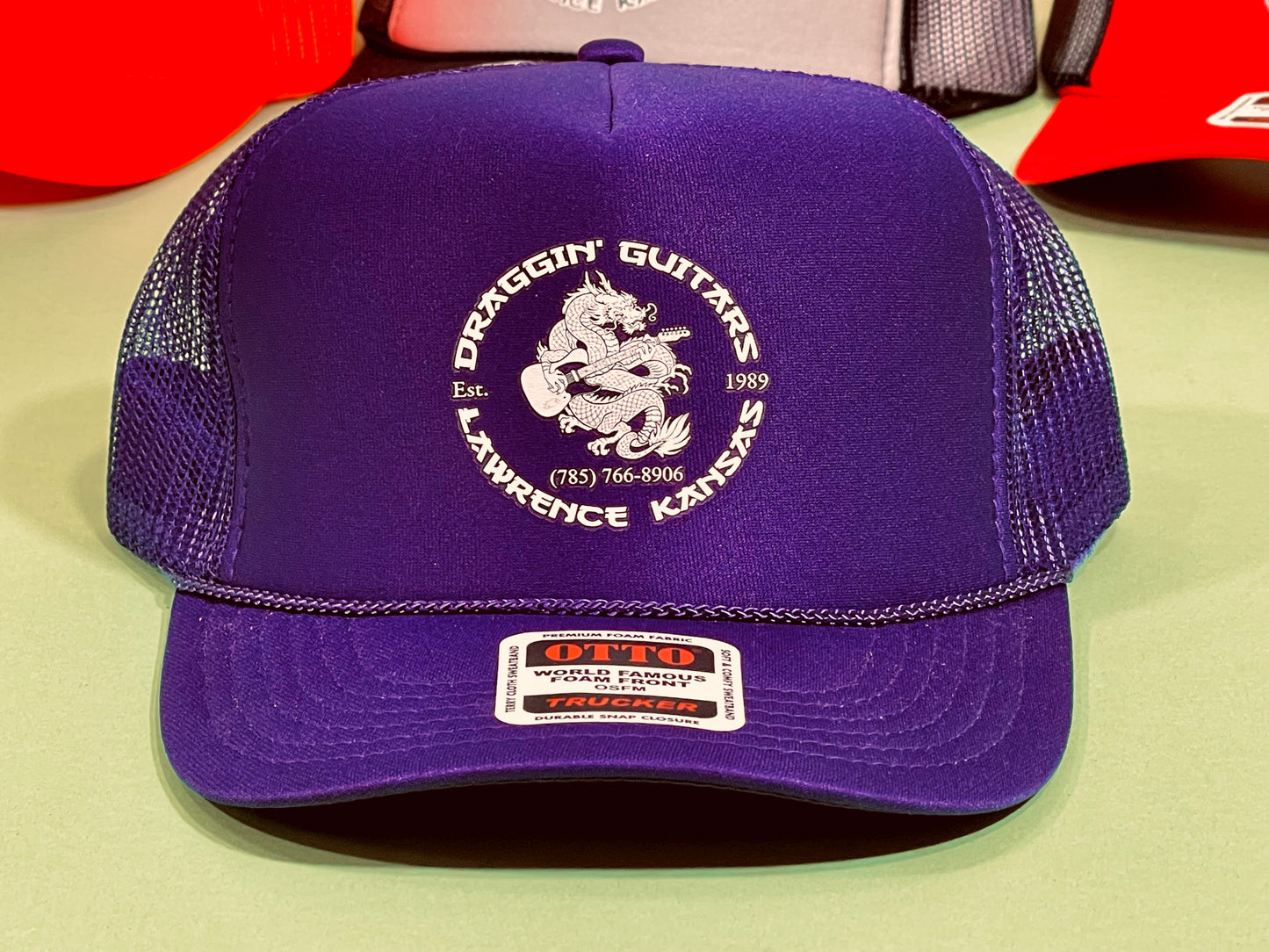 Draggin' Guitars Snap-Back Retro 1970's Trucker Hat Purple Haze with White Print