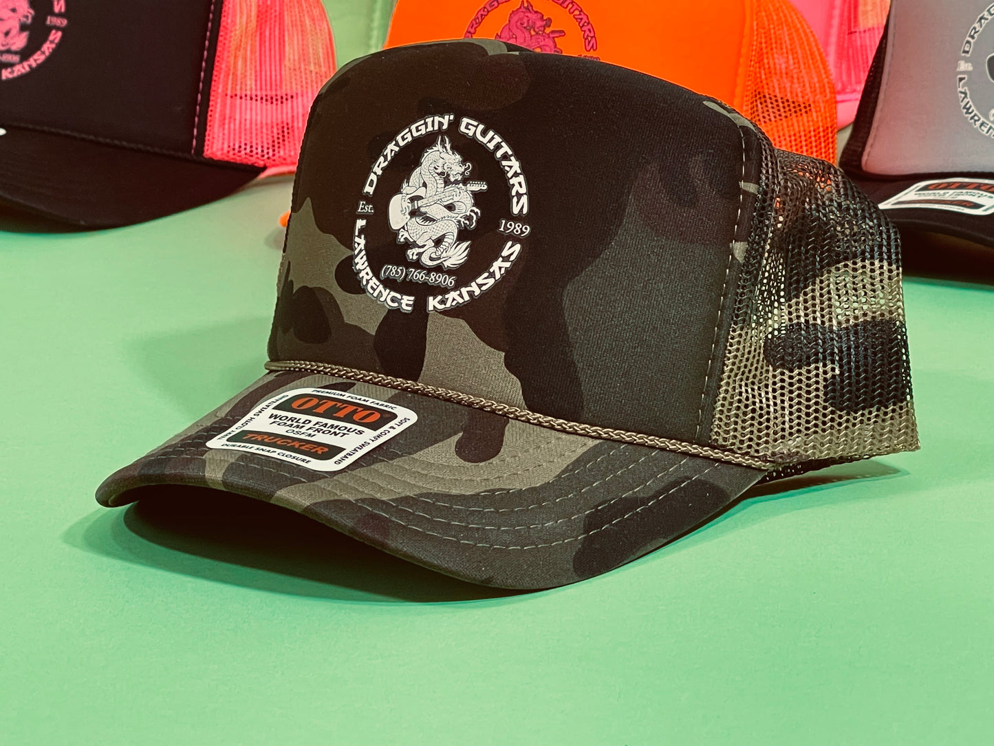 Draggin' Guitars Snap-Back Retro 1970's Trucker Hat Dark Green Camo with White Print