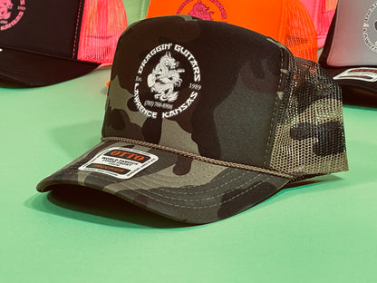 Draggin' Guitars Snap-Back Retro 1970's Trucker Hat Dark Green Camo with White Print