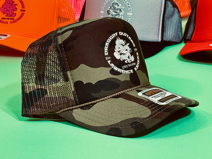 Draggin' Guitars Snap-Back Retro 1970's Trucker Hat Dark Green Camo with White Print
