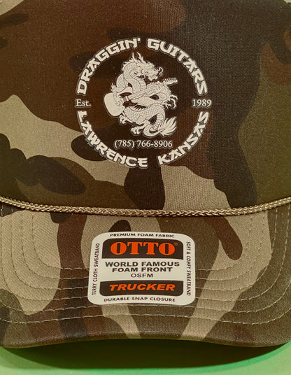 Draggin' Guitars Snap-Back Retro 1970's Trucker Hat Dark Green Camo with White Print