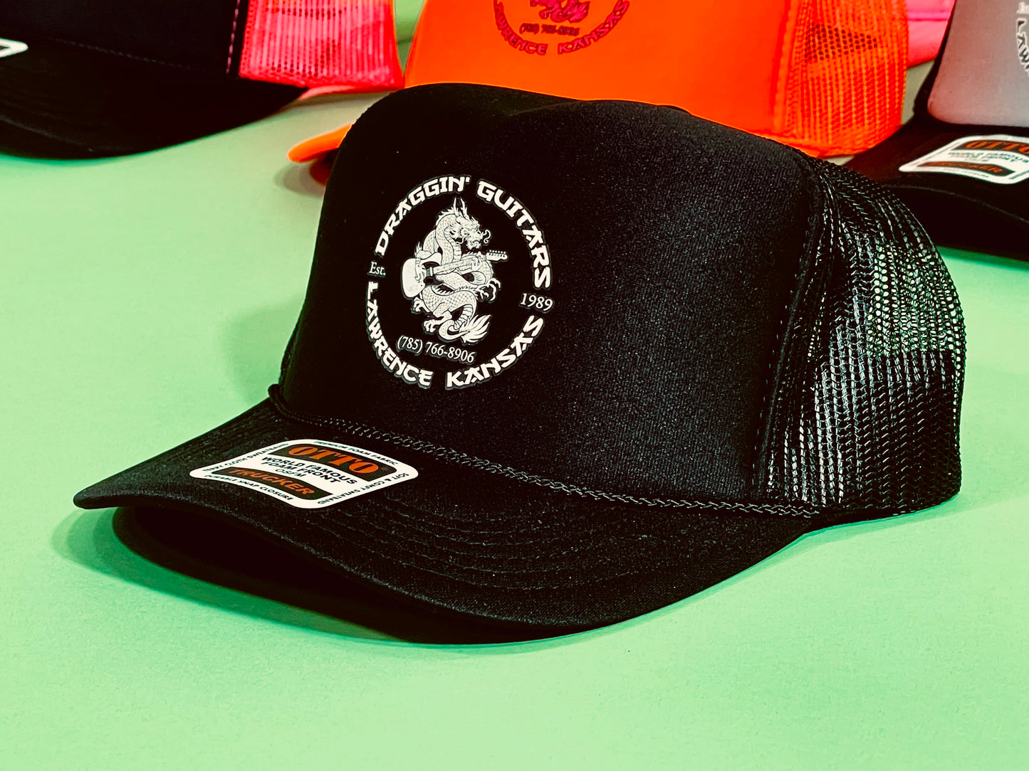 Draggin' Guitars Snap-Back Retro 1970's Trucker Hat Black with White Print