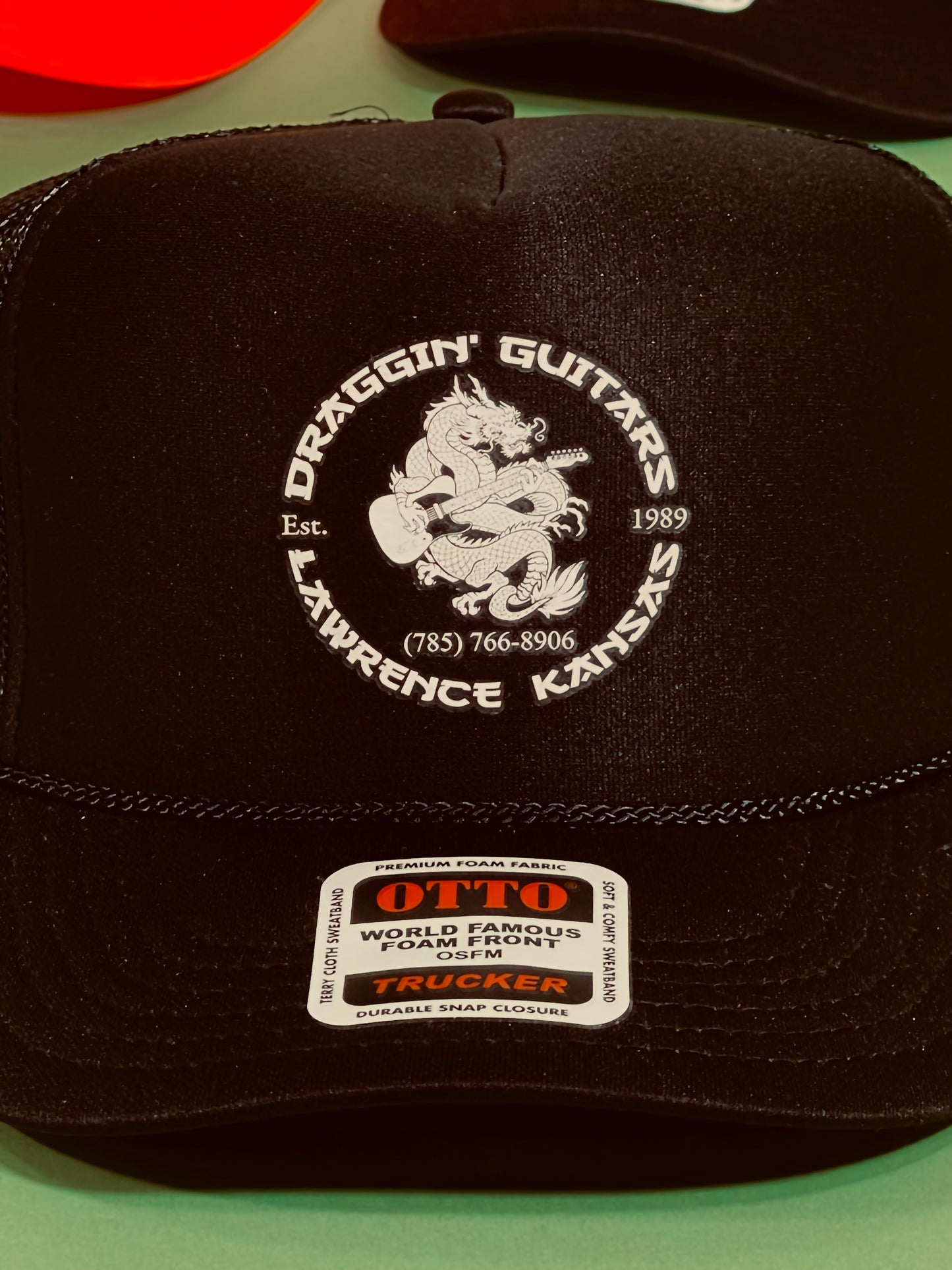 Draggin' Guitars Snap-Back Retro 1970's Trucker Hat Black with White Print