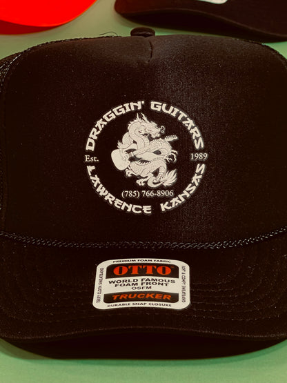 Draggin' Guitars Snap-Back Retro 1970's Trucker Hat Black with White Print