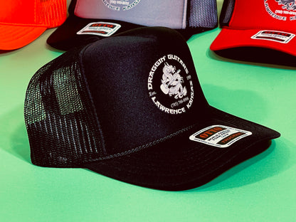 Draggin' Guitars Snap-Back Retro 1970's Trucker Hat Black with White Print