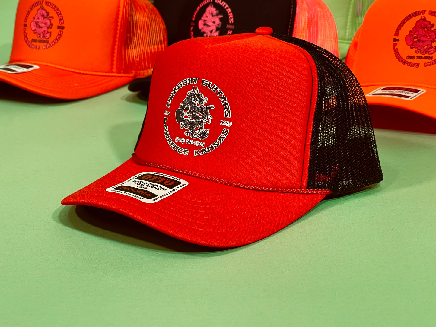 Draggin' Guitars Snap-Back Retro 1970's Trucker Hat Red with Black & White Print