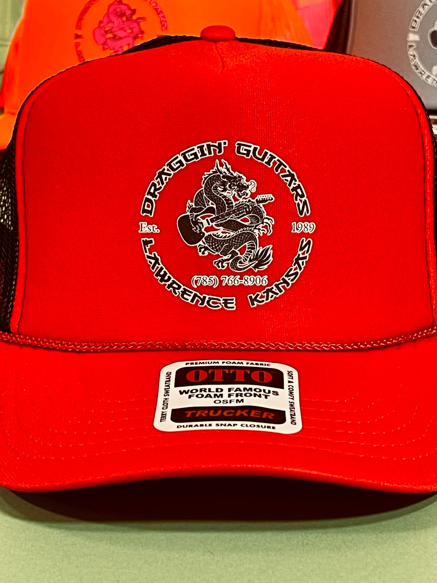Draggin' Guitars Snap-Back Retro 1970's Trucker Hat Red with Black & White Print