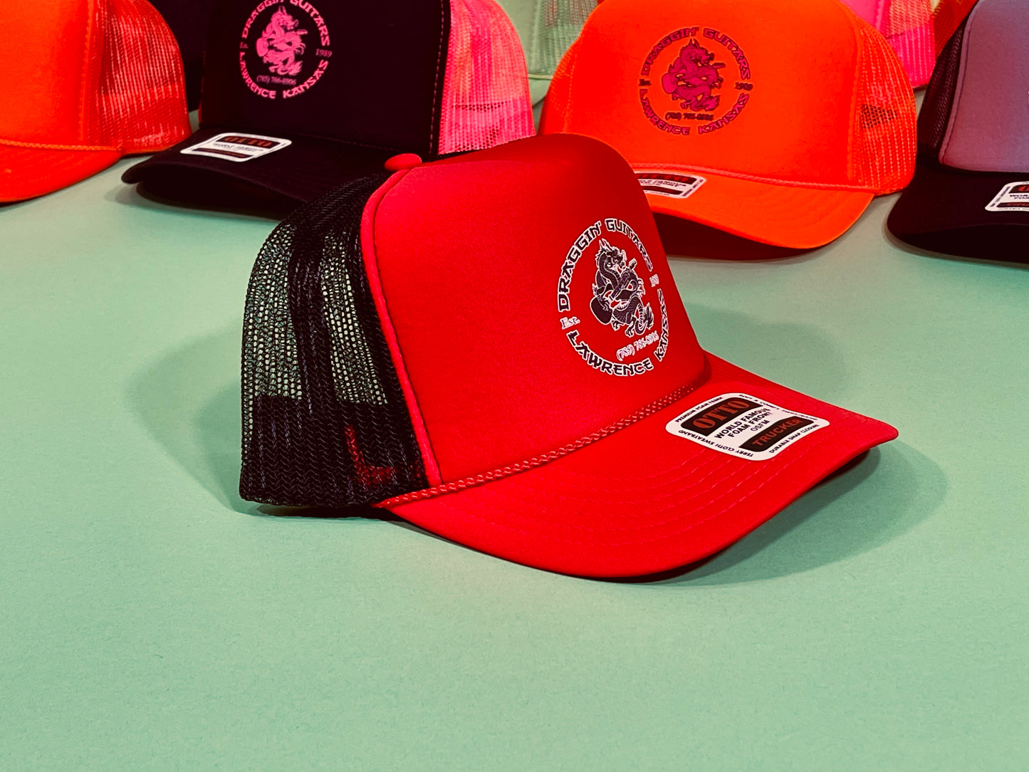 Draggin' Guitars Snap-Back Retro 1970's Trucker Hat Red with Black & White Print