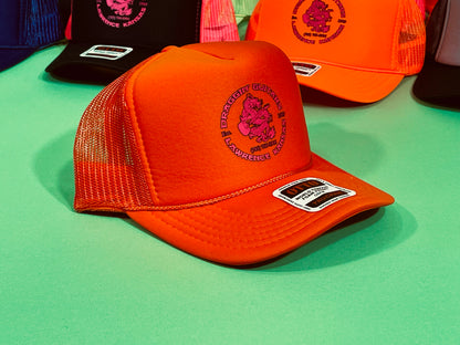 Draggin' Guitars Snap-Back Retro 1970's Trucker Hat Orange with Hot Pink Print