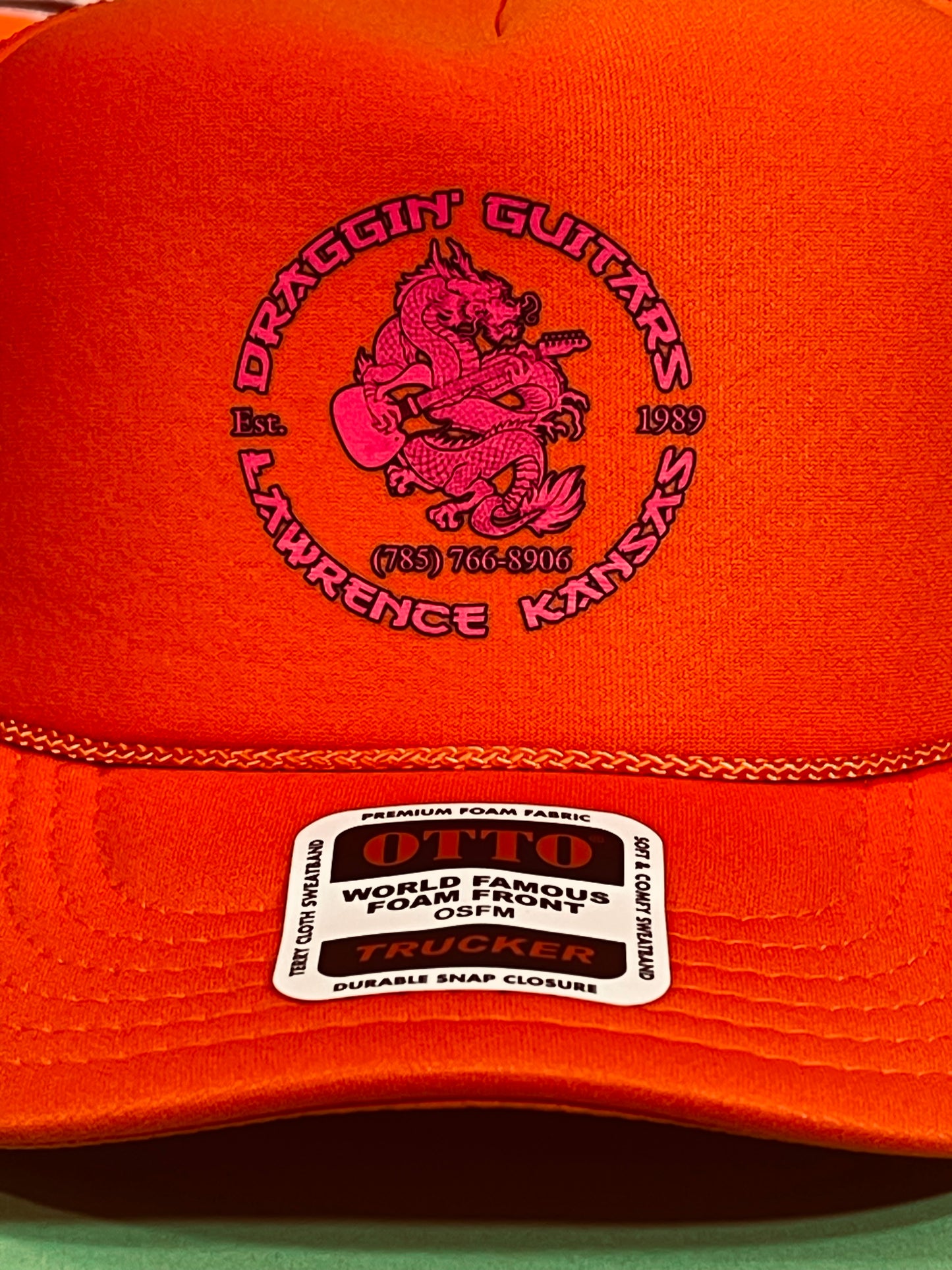 Draggin' Guitars Snap-Back Retro 1970's Trucker Hat Orange with Hot Pink Print