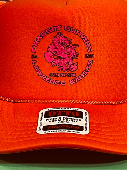 Draggin' Guitars Snap-Back Retro 1970's Trucker Hat Orange with Hot Pink Print