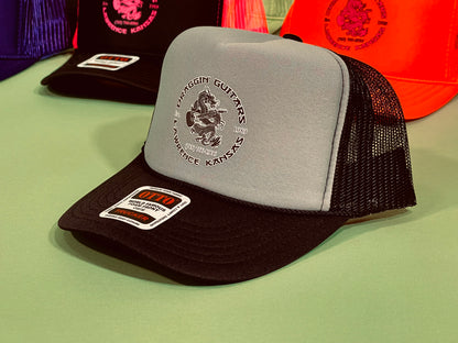 Draggin' Guitars Snap-Back Retro 1970's Trucker Hat Black/Silver with Black & White Print
