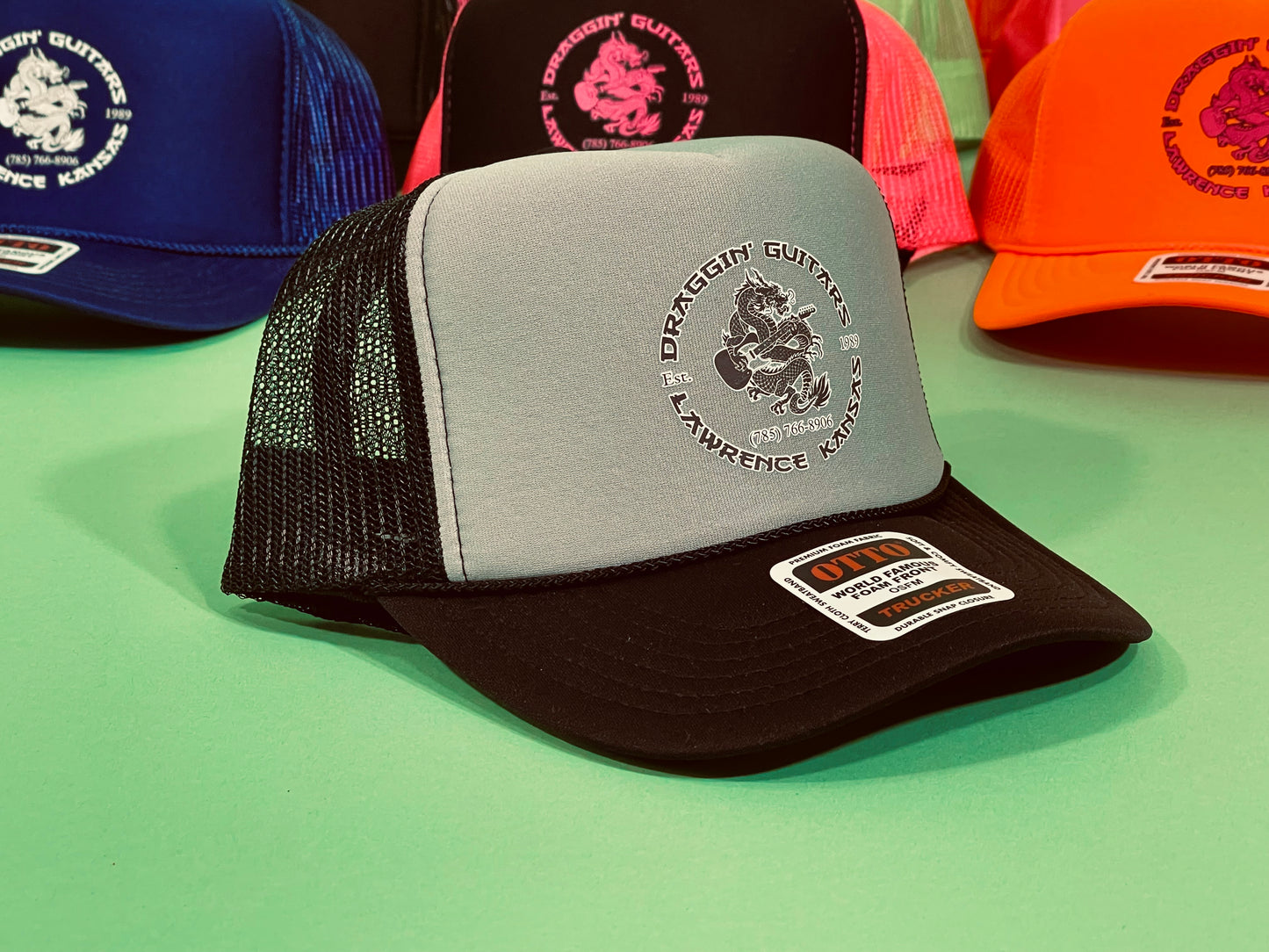 Draggin' Guitars Snap-Back Retro 1970's Trucker Hat Black/Silver with Black & White Print