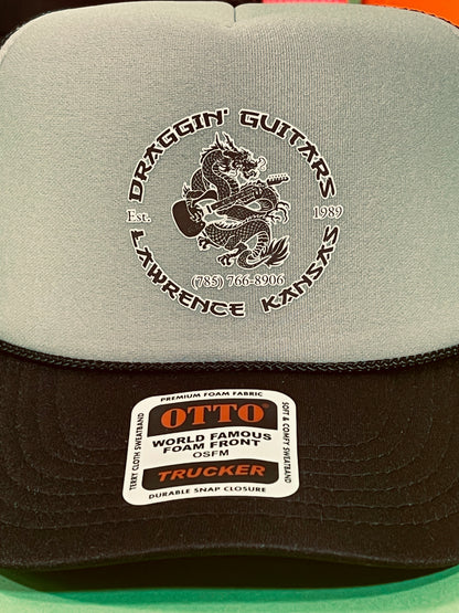 Draggin' Guitars Snap-Back Retro 1970's Trucker Hat Black/Silver with Black & White Print