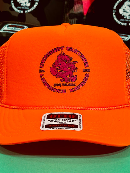 Draggin' Guitars Snap-Back Retro 1970's Trucker Hat Neon Orange with Hot Pink Print