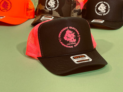 Draggin' Guitars Snap-Back Retro 1980's Trucker Hat Black with Hot Pink Print