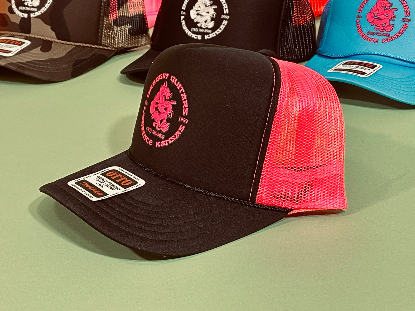 Draggin' Guitars Snap-Back Retro 1980's Trucker Hat Black with Hot Pink Print
