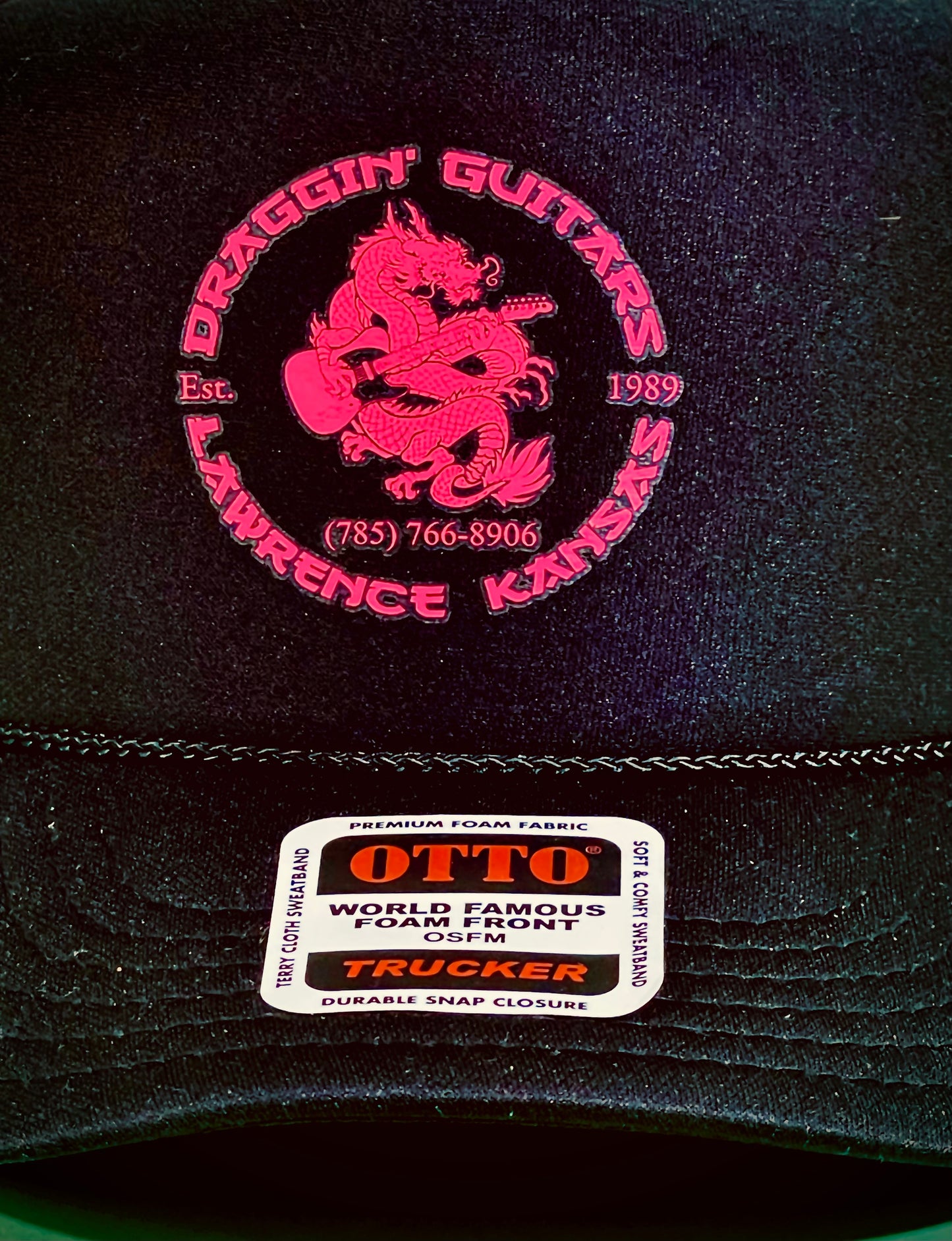 Draggin' Guitars Snap-Back Retro 1980's Trucker Hat Black with Hot Pink Print