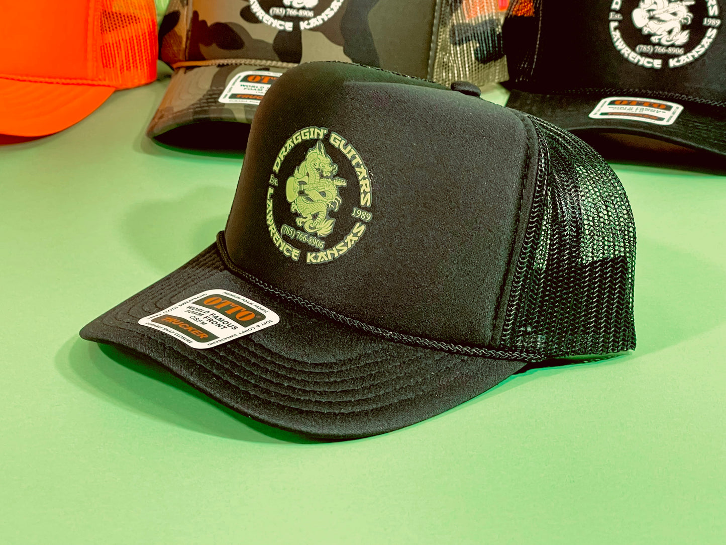 Draggin' Guitars Snap-Back Retro 1970's Trucker Hat Black with Sublime Green Print