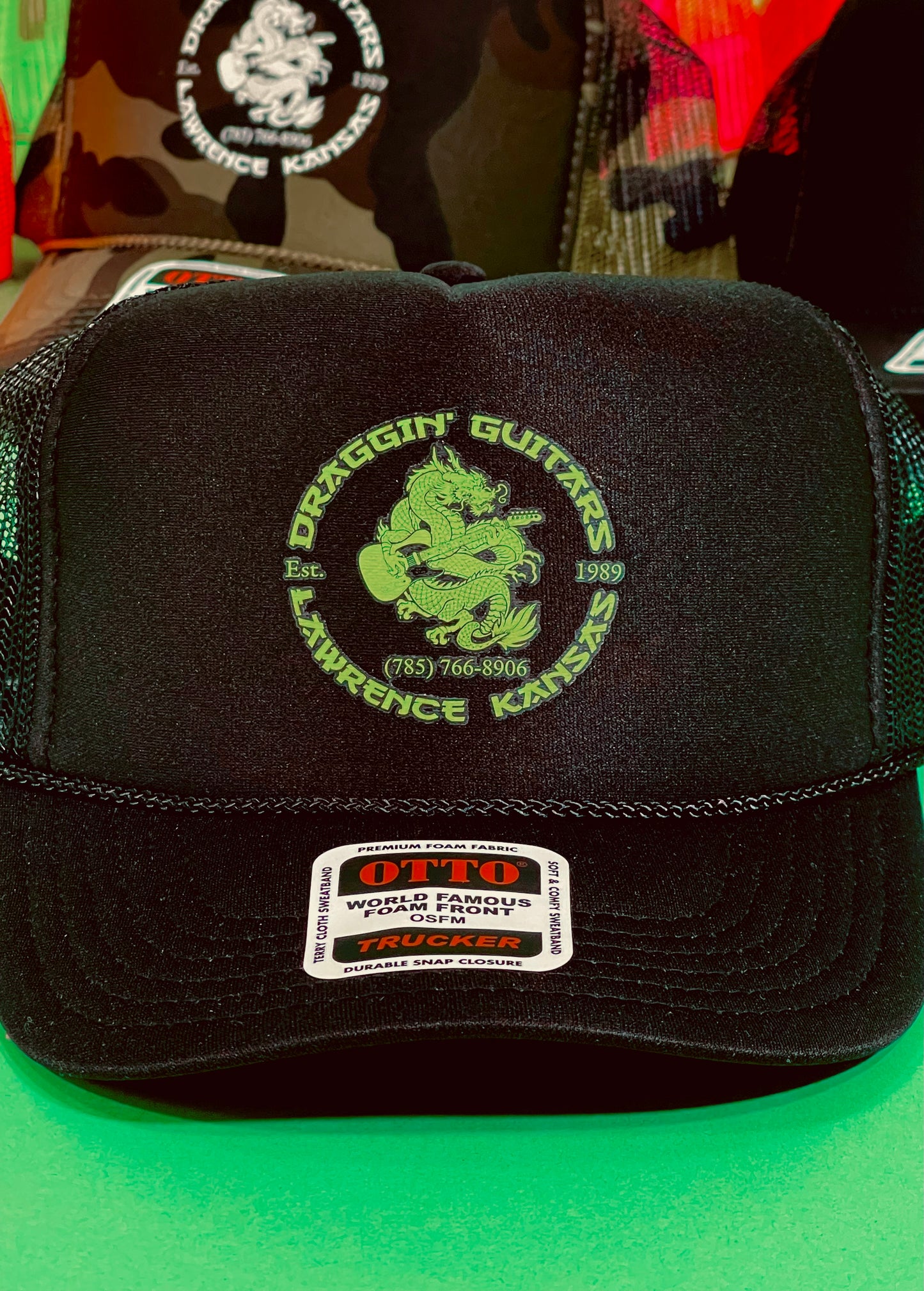 Draggin' Guitars Snap-Back Retro 1970's Trucker Hat Black with Sublime Green Print