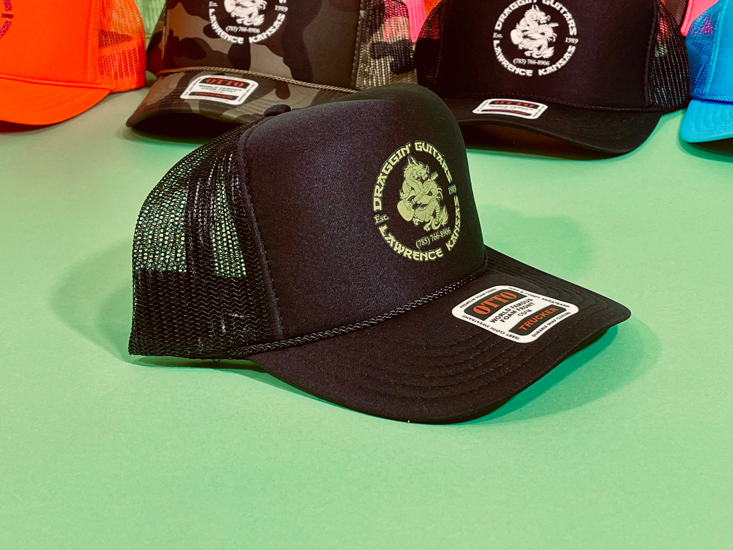 Draggin' Guitars Snap-Back Retro 1970's Trucker Hat Black with Sublime Green Print