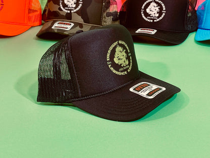 Draggin' Guitars Snap-Back Retro 1970's Trucker Hat Black with Sublime Green Print