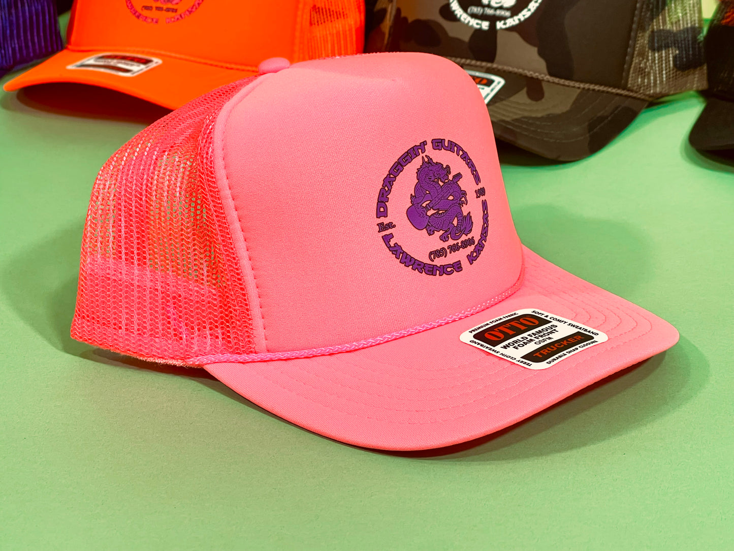 Draggin' Guitars Snap-Back Retro 1980's Trucker Hat Neon Pink with Purple Print