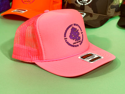 Draggin' Guitars Snap-Back Retro 1980's Trucker Hat Neon Pink with Purple Print
